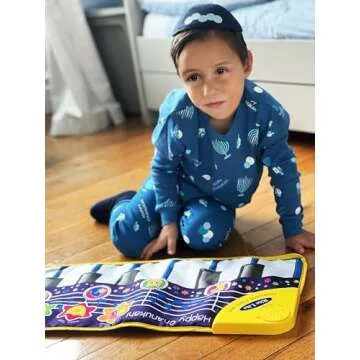 Rite Lite Hanukkah Pajamas With Menorah, Dreidel, Happy Chanukah Design for Kids Toddlers - Jewish Holiday Party Favors Accessories Clothing Matching Pajamas Gifts Onesies Decorations (Age 6-8) Blue