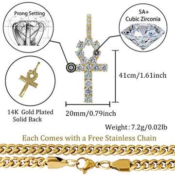 TOPGRILLZ 14K Gold Plated Iced Out CZ Lab Diamond Ankh Cross Egyptian Pendant for Men and Women with...