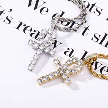 TOPGRILLZ 14K Gold Plated Iced Out CZ Lab Diamond Ankh Cross Egyptian Pendant for Men and Women with 24" Stainless Steel Chain Necklace(Gold Cuban Chain,24)