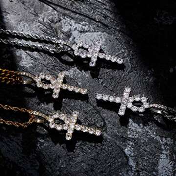 TOPGRILLZ 14K Gold Plated Iced Out CZ Lab Diamond Ankh Cross Egyptian Pendant for Men and Women with 24" Stainless Steel Chain Necklace(Gold Cuban Chain,24)