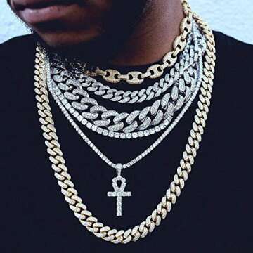TOPGRILLZ 14K Gold Plated Iced Out CZ Lab Diamond Ankh Cross Egyptian Pendant for Men and Women with 24" Stainless Steel Chain Necklace(Gold Cuban Chain,24)