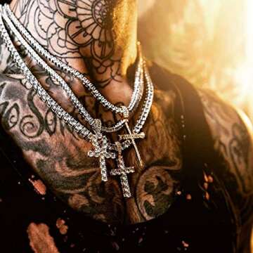 TOPGRILLZ 14K Gold Plated Iced Out CZ Lab Diamond Ankh Cross Egyptian Pendant for Men and Women with 24" Stainless Steel Chain Necklace(Gold Cuban Chain,24)