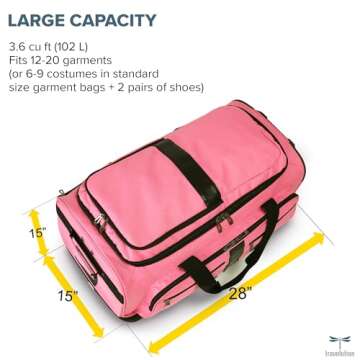 Travolution Dance Bag with Garment Rack, 28 Inch Rolling Duffel With Wheels, Ideal for Competitions & Travel, Easy-assembly Lightweight Aluminum Clothes Rack, Drop-Bottom Luggage, Black/Pink