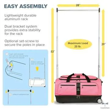 Travolution Dance Bag with Garment Rack, 28 Inch Rolling Duffel With Wheels, Ideal for Competitions & Travel, Easy-assembly Lightweight Aluminum Clothes Rack, Drop-Bottom Luggage, Black/Pink