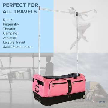 Travolution Dance Bag with Garment Rack, 28 Inch Rolling Duffel With Wheels, Ideal for Competitions & Travel, Easy-assembly Lightweight Aluminum Clothes Rack, Drop-Bottom Luggage, Black/Pink