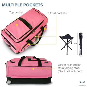 Travolution Dance Bag with Garment Rack, 28 Inch Rolling Duffel With Wheels, Ideal for Competitions & Travel, Easy-assembly Lightweight Aluminum Clothes Rack, Drop-Bottom Luggage, Black/Pink