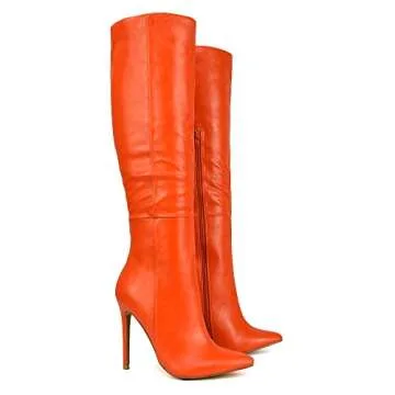 Kino London Womens Knee High Boots Ladies High Heel Stiletto Pointed Toe Zipper Evening Booties Shoes (5, Orange Synthetic Leather, numeric_5)