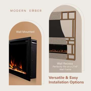 Modern Ember Aerus 42 Inch Smart Linear Electric Fireplace - Recessed in-Wall and Wall-Mount, Multiple Flame Colors, Compatible with Alexa and Google Assistant, Black