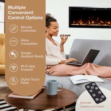 Modern Ember Aerus 42 Inch Smart Linear Electric Fireplace - Recessed in-Wall and Wall-Mount, Multiple Flame Colors, Compatible with Alexa and Google Assistant, Black