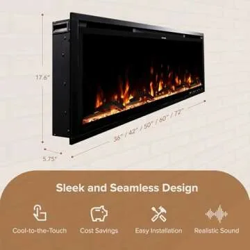 Modern Ember Aerus 42 Inch Smart Linear Electric Fireplace - Recessed in-Wall and Wall-Mount, Multiple Flame Colors, Compatible with Alexa and Google Assistant, Black