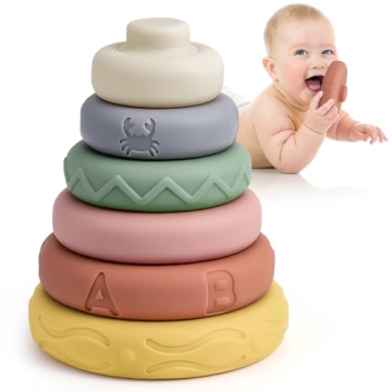 Mini Tudou 6 Pcs Stacking & Nesting Circle Toy,Soft Building Rings Stacker & Teethers,Squeeze Play w...