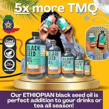 Ethiopian Black Seed Oil - 3.43% Thymoquinone Cold-Pressed Black Cumin Seed Oil from Pure Nigella Sativa - First Pressing Blackseed Oil Non-GMO Improved - 16 Oz Glass Bottle Sweet Sunnah