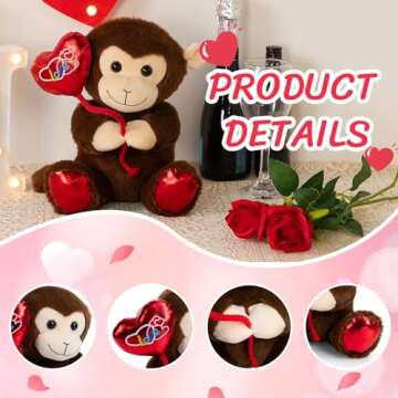 HollyHOME Monkey Stuffed Animal Monkey Plush Holding Red Love Balloon for Kids and Girlfriend Valentine's Day Gifts 10 Inch Brown