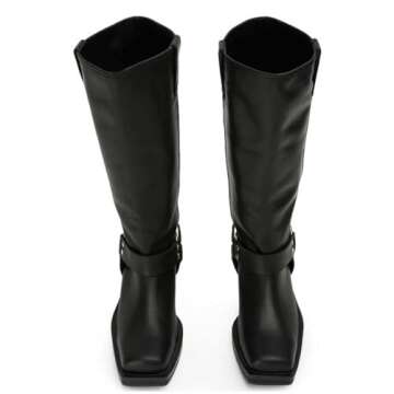 FIFSY Women's Knee High Boots Slip On Black Riding Boots Buckle Boots for Women Sexy Squared Toe Low Chunky High Heel Tall Motorcycle Boots Women's Low Heel 1-2" Boots Dance Party Booties US6