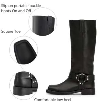 FIFSY Women's Knee High Boots Slip On Black Riding Boots Buckle Boots for Women Sexy Squared Toe Low Chunky High Heel Tall Motorcycle Boots Women's Low Heel 1-2" Boots Dance Party Booties US6