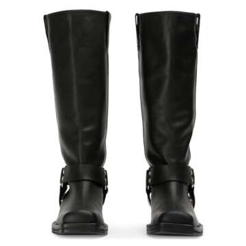 FIFSY Women's Knee High Boots Slip On Black Riding Boots Buckle Boots for Women Sexy Squared Toe Low Chunky High Heel Tall Motorcycle Boots Women's Low Heel 1-2" Boots Dance Party Booties US6