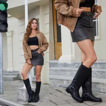 FIFSY Women's Knee High Boots Slip On Black Riding Boots Buckle Boots for Women Sexy Squared Toe Low Chunky High Heel Tall Motorcycle Boots Women's Low Heel 1-2" Boots Dance Party Booties US6