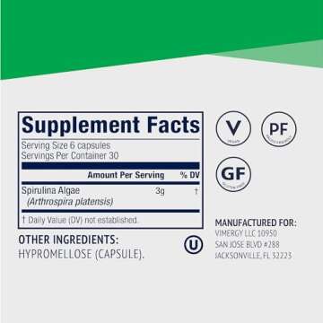 Vimergy Spirulina Capsules – Concentrated Plant Protein Supports Immune Health & Cardiovascular Function – Vegan, Kosher, Gluten-Free – 180 Capsules