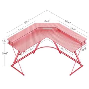 SEVEN WARRIOR Gaming Desk 50.4” with LED Light & Power Outlets, L-Shaped Gaming Desk Carbon Fiber Surface with Monitor Stand, Ergonomic Gamer Table with Headphone Hook, Pink