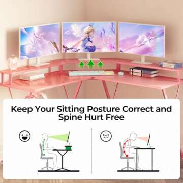 SEVEN WARRIOR Gaming Desk 50.4” with LED Light & Power Outlets, L-Shaped Gaming Desk Carbon Fiber Surface with Monitor Stand, Ergonomic Gamer Table with Headphone Hook, Pink