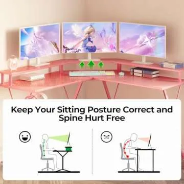 SEVEN WARRIOR Gaming Desk 50.4” with LED Light & Power Outlets, L-Shaped Gaming Desk Carbon Fiber Surface with Monitor Stand, Ergonomic Gamer Table with Headphone Hook, Pink