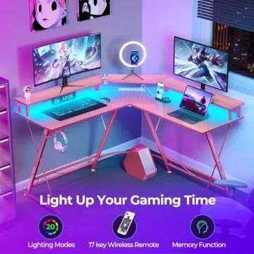 SEVEN WARRIOR Gaming Desk 50.4” with LED Light & Power Outlets, L-Shaped Gaming Desk Carbon Fiber Surface with Monitor Stand, Ergonomic Gamer Table with Headphone Hook, Pink