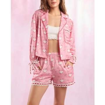 Women Valentine's Day Pajamas Set Bow Tie Long Sleeve Shirt Ruffle Shorts Cute Heart Print 2 Pieces ...
