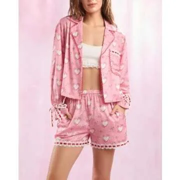 Women Valentine's Day Pajamas Set Bow Tie Long Sleeve Shirt Ruffle Shorts Cute Heart Print 2 Pieces ...