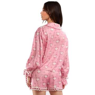 Women Valentine's Day Pajamas Set Bow Tie Long Sleeve Shirt Ruffle Shorts Cute Heart Print 2 Pieces Pjs Sets (Cute Pink, S)