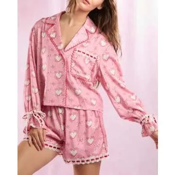 Women Valentine's Day Pajamas Set Bow Tie Long Sleeve Shirt Ruffle Shorts Cute Heart Print 2 Pieces Pjs Sets (Cute Pink, S)
