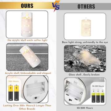 NURADA Flickering Flameless Candles: Built-in Star String Lights Acrylic 3D Wick Battery Operated LE...