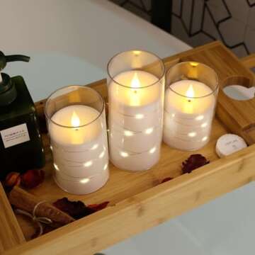 NURADA Flickering Flameless Candles: Built-in Star String Lights Acrylic 3D Wick Battery Operated LED Pillar Candles with Remote and Timer for Romantic Mood Home Decoration - 3 Pack Pure White