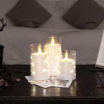 NURADA Flickering Flameless Candles: Built-in Star String Lights Acrylic 3D Wick Battery Operated LED Pillar Candles with Remote and Timer for Romantic Mood Home Decoration - 3 Pack Pure White