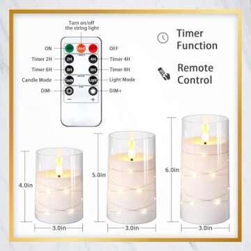 NURADA Flickering Flameless Candles: Built-in Star String Lights Acrylic 3D Wick Battery Operated LED Pillar Candles with Remote and Timer for Romantic Mood Home Decoration - 3 Pack Pure White