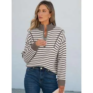 Stylish ANRABESS Women’s Striped Half Zip Sweater