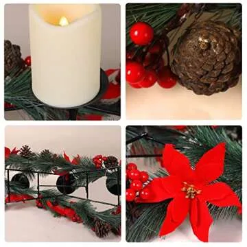 MorTime Christmas Centerpiece with 3 Candle Holders, Xmas Tabletop Decor with Red Flowers Berries Pi...