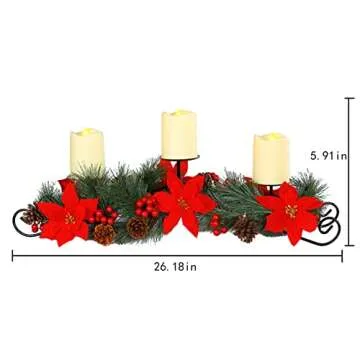 MorTime Christmas Centerpiece with 3 Candle Holders, Xmas Tabletop Decor with Red Flowers Berries Pinecones Steel Base for Indoor Home Christmas Decoration