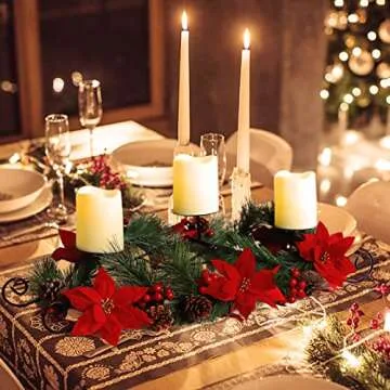 MorTime Christmas Centerpiece with 3 Candle Holders, Xmas Tabletop Decor with Red Flowers Berries Pinecones Steel Base for Indoor Home Christmas Decoration