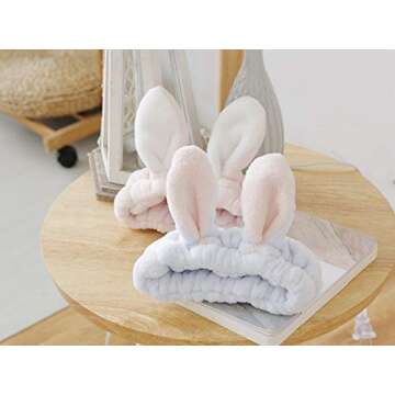 bouti1583 Women Fashion Soft Flannel Bunny Ear Makeup Cosmetic Shower Elastic Headband 2Pcs