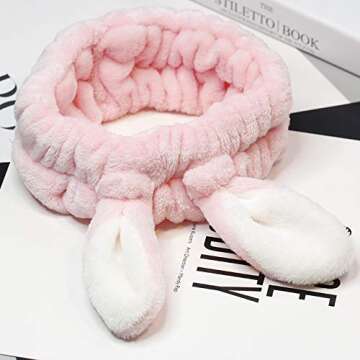 bouti1583 Women Fashion Soft Flannel Bunny Ear Makeup Cosmetic Shower Elastic Headband 2Pcs