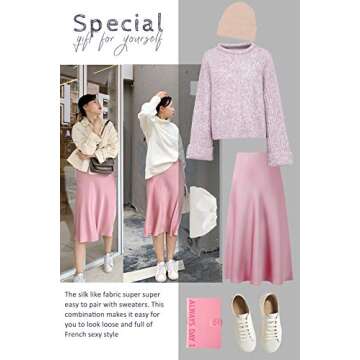 Verreisen Women's Elegant Midi Satin Skirt for Work Women Causal Elastic High Waist (Pink, Large)