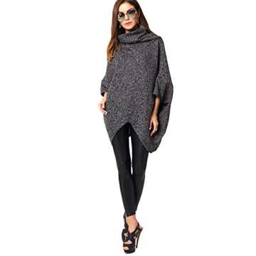 Milumia Women's High Neck Chic Knit 3/4 Batwing Sleeve Pullover Poncho Sweater Jumper Grey