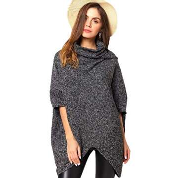 Milumia Women's High Neck Chic Knit 3/4 Batwing Sleeve Pullover Poncho Sweater Jumper Grey