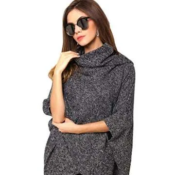 Milumia Women's High Neck Chic Knit 3/4 Batwing Sleeve Pullover Poncho Sweater Jumper Grey