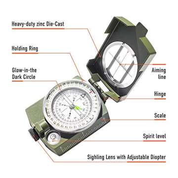 Lensatic Military Compass for Hiking - Tritium Compass Military Grade Style Camping Backpacking | Tactical Army Compass Survival Navigation | TurnOnSport Waterproof Sighting Compass with Pouch