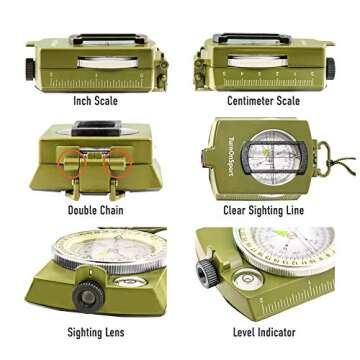 Lensatic Military Compass for Hiking - Tritium Compass Military Grade Style Camping Backpacking | Tactical Army Compass Survival Navigation | TurnOnSport Waterproof Sighting Compass with Pouch