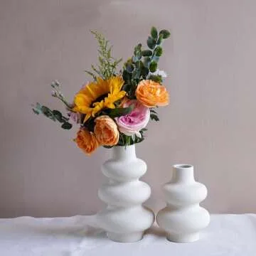 Ceramic Vases - Set of 2, Modern Vase for Dining Room, Living Room, Wedding Dinner Table, Home Decorations Vase,Off White Round Vases, Boho Vase for Decor