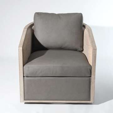 KINWELL 31" W 100% Top Grain Genuine Leather Cane Swivel Barrel Armchair Rattan Round Accent Sofa Chair Pillow Back for Living Room Lounge and Bedroom, Grey