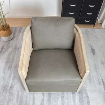 KINWELL 31" W 100% Top Grain Genuine Leather Cane Swivel Barrel Armchair Rattan Round Accent Sofa Chair Pillow Back for Living Room Lounge and Bedroom, Grey