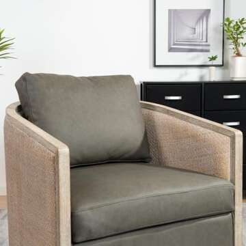 KINWELL 31" W 100% Top Grain Genuine Leather Cane Swivel Barrel Armchair Rattan Round Accent Sofa Chair Pillow Back for Living Room Lounge and Bedroom, Grey